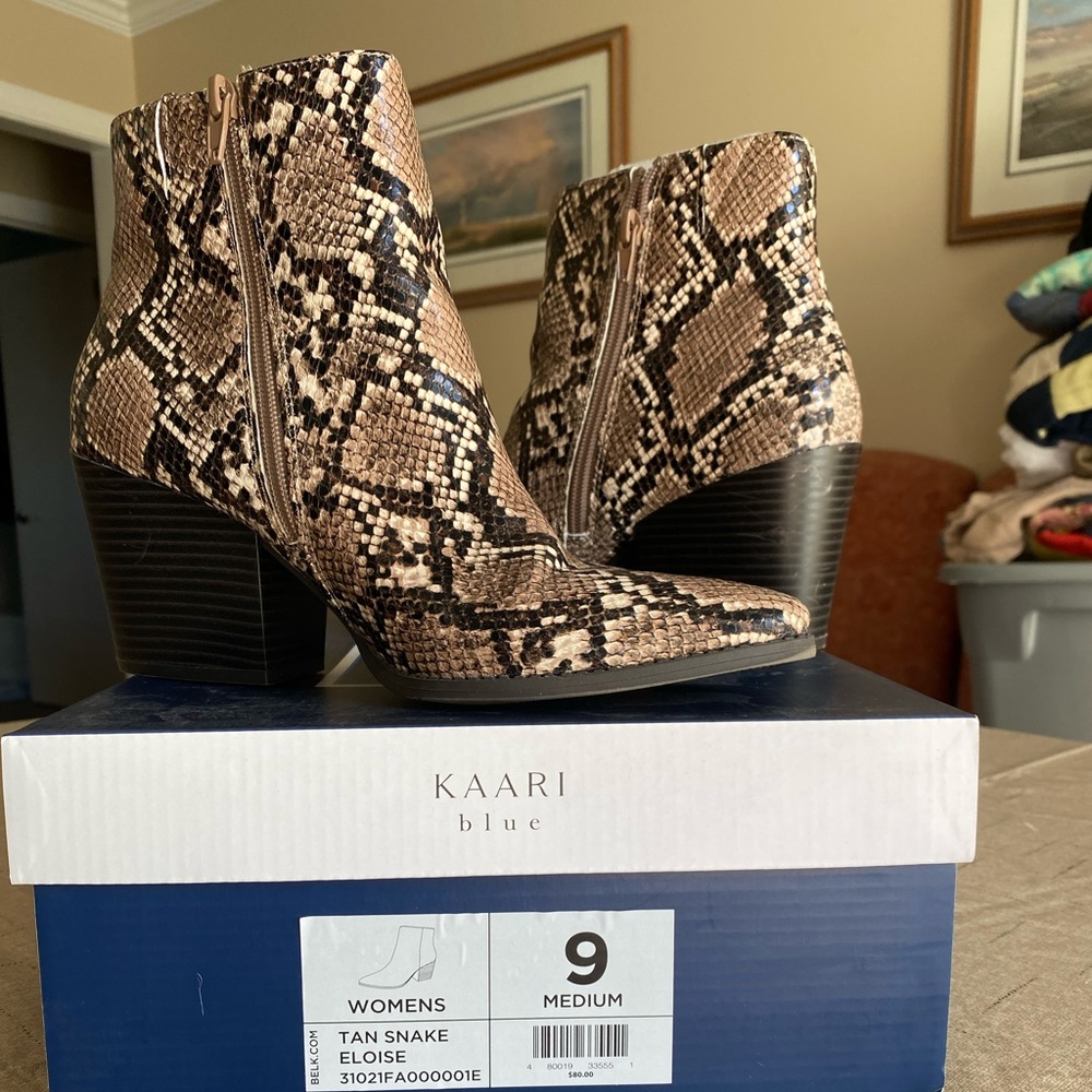 Kaari blue ankle boots, Tan Snake, Eloise, size 9, 2.5 inch block heel